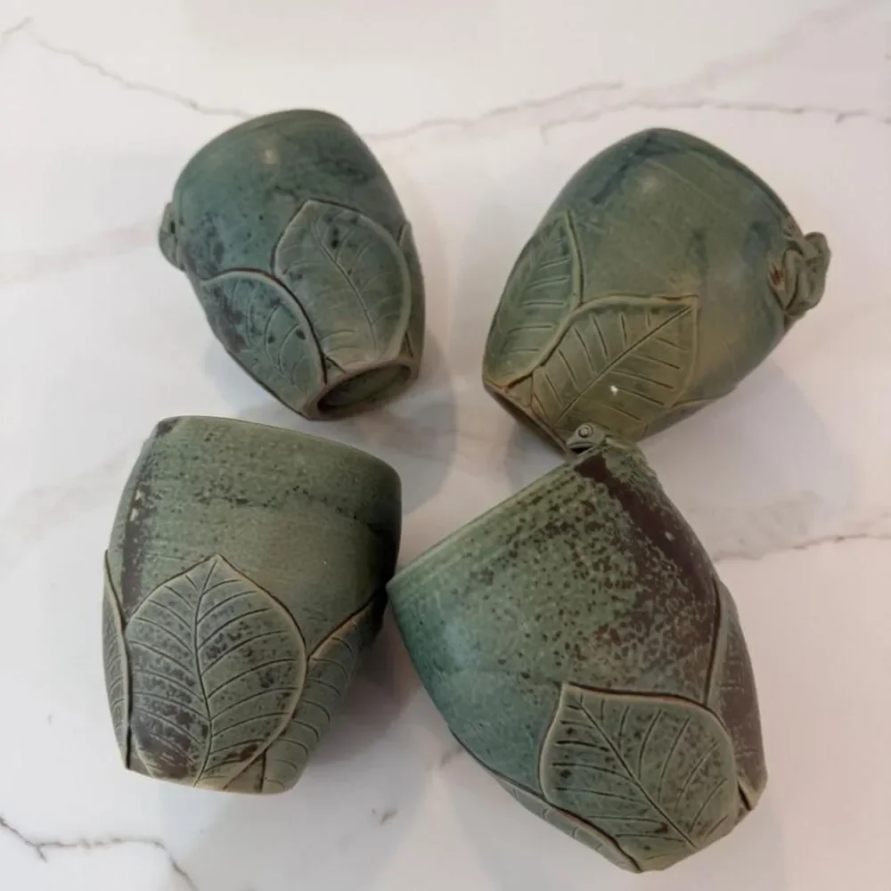 4x Green handmade ceramic frog cups